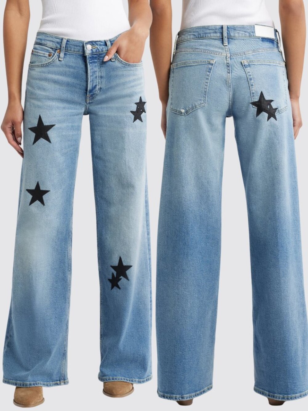 RE/DONE Star-Embellished Mid-Rise Wide-Leg Jeans - Light Wash - Size 28